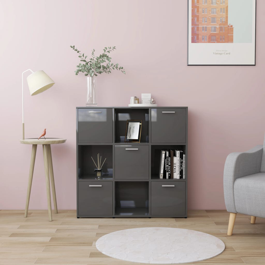 vidaXL Kirjahylly korkeakiilto harmaa 90x30x90 cm lastulevy